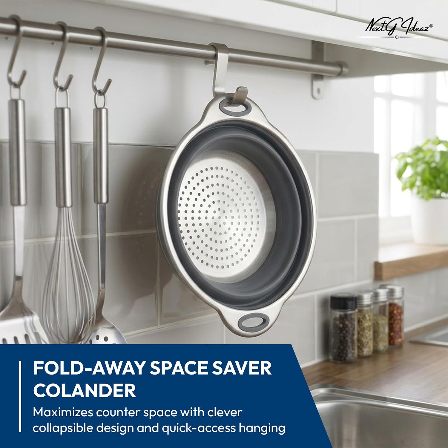 NextG Ideaz Collapsible Silicone Colander Stainless Steel 24.1cm Gray