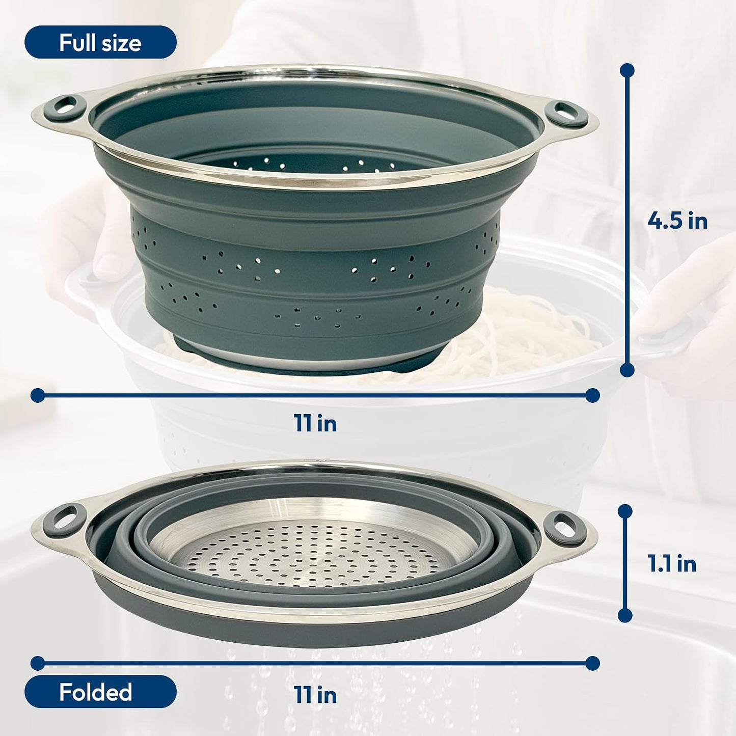 NextG Ideaz Collapsible Silicone Colander Stainless Steel 24.1cm Gray