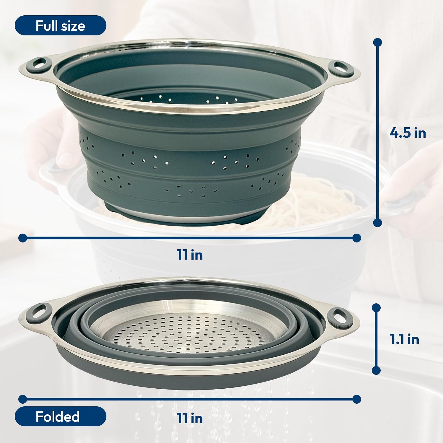 NextG Ideaz Collapsible Silicone Colander Stainless Steel 24.1cm Gray