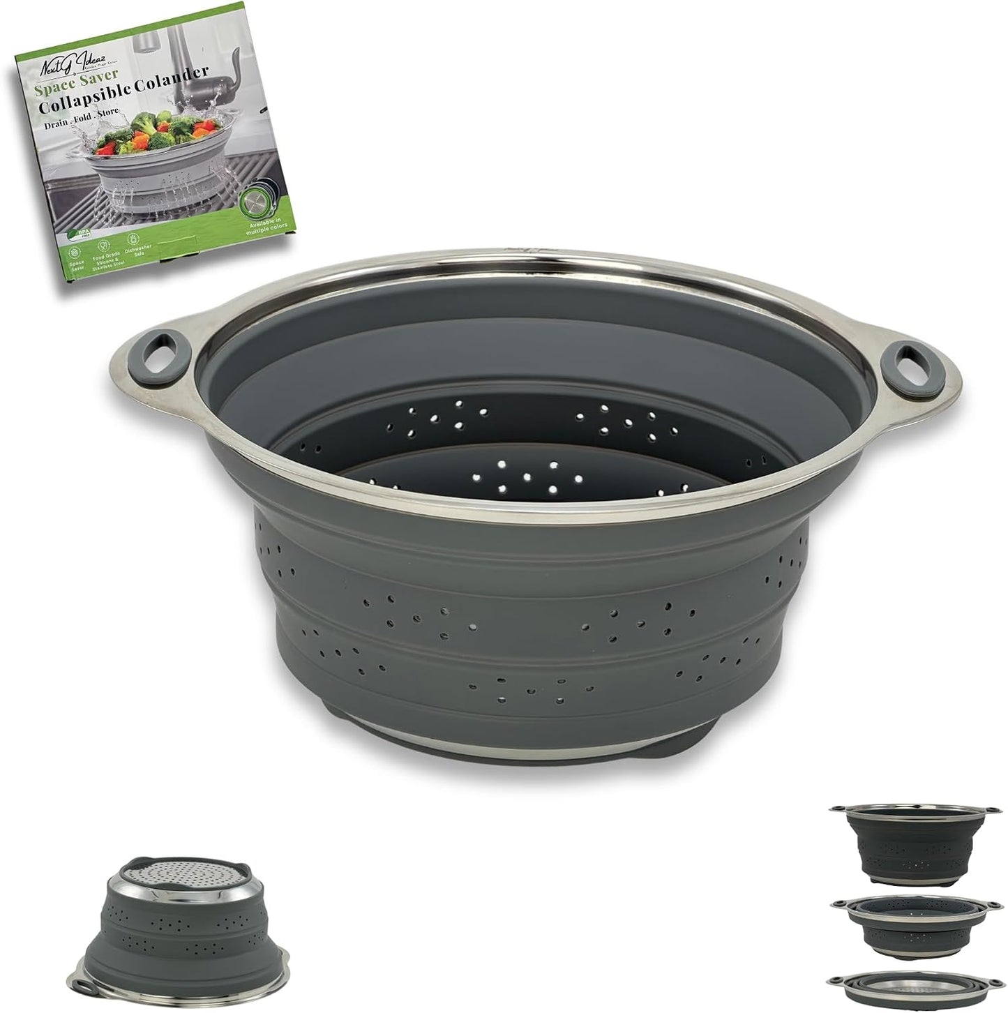 NextG Ideaz Collapsible Silicone Colander Stainless Steel 24.1cm Gray