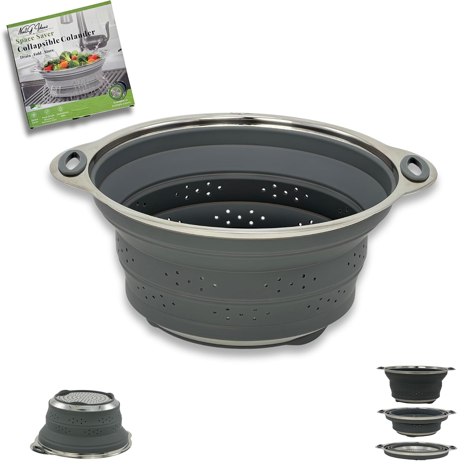 NextG Ideaz Collapsible Silicone Colander Stainless Steel 24.1cm Gray