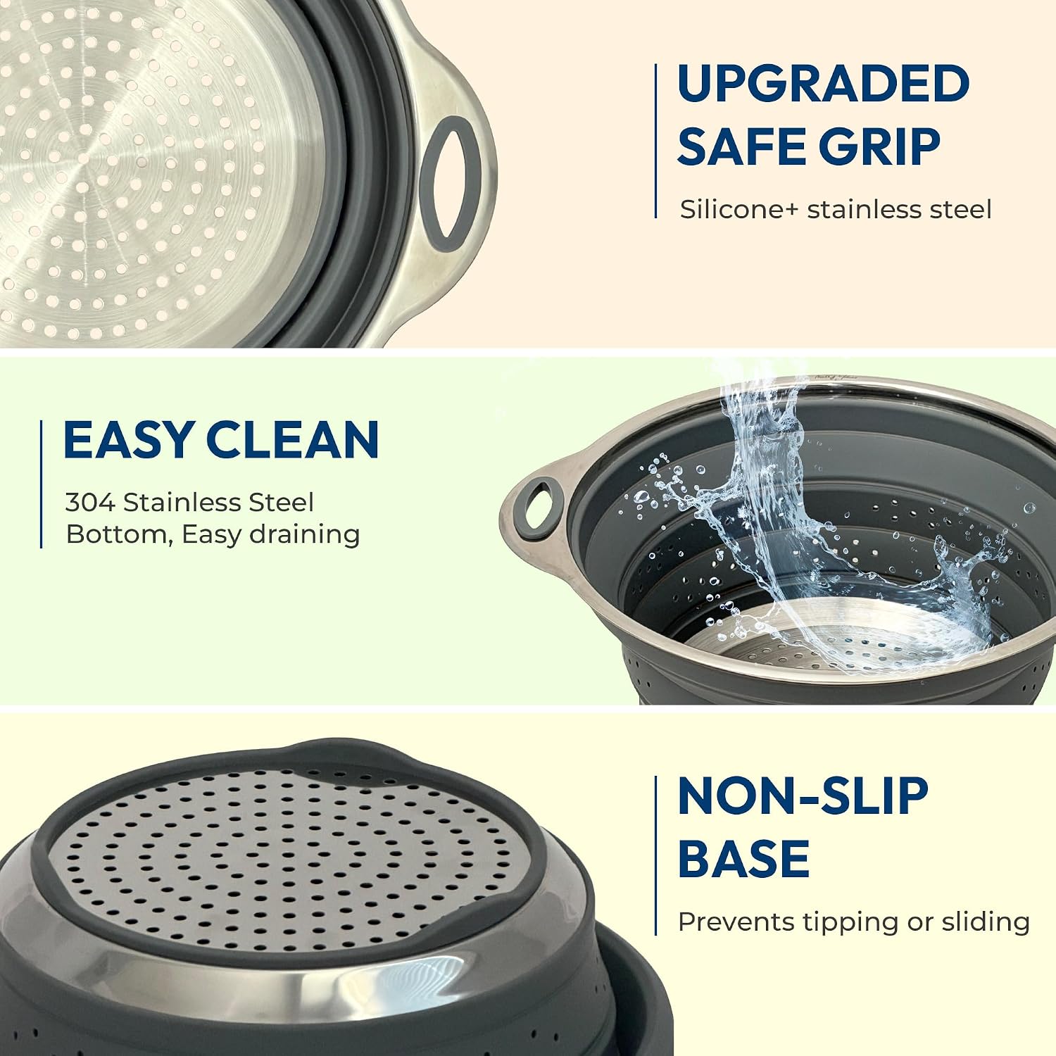 NextG Ideaz Collapsible Silicone Colander Stainless Steel 24.1cm Gray