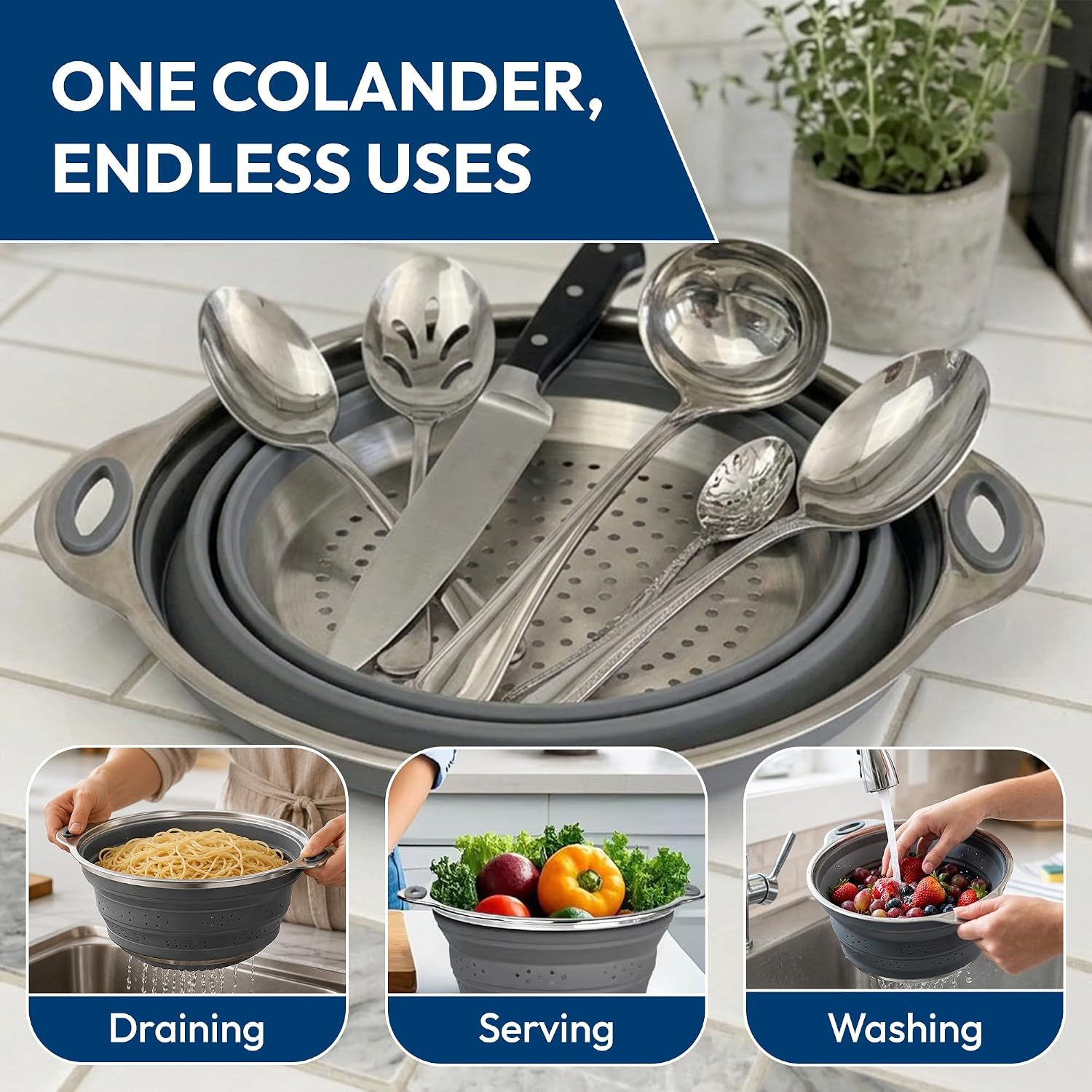 NextG Ideaz Collapsible Silicone Colander Stainless Steel 24.1cm Gray