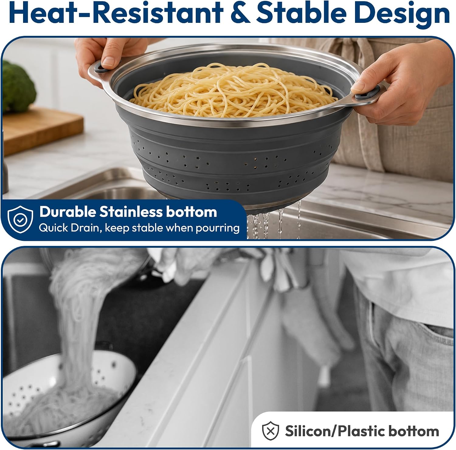 NextG Ideaz Collapsible Silicone Colander Stainless Steel 24.1cm Gray