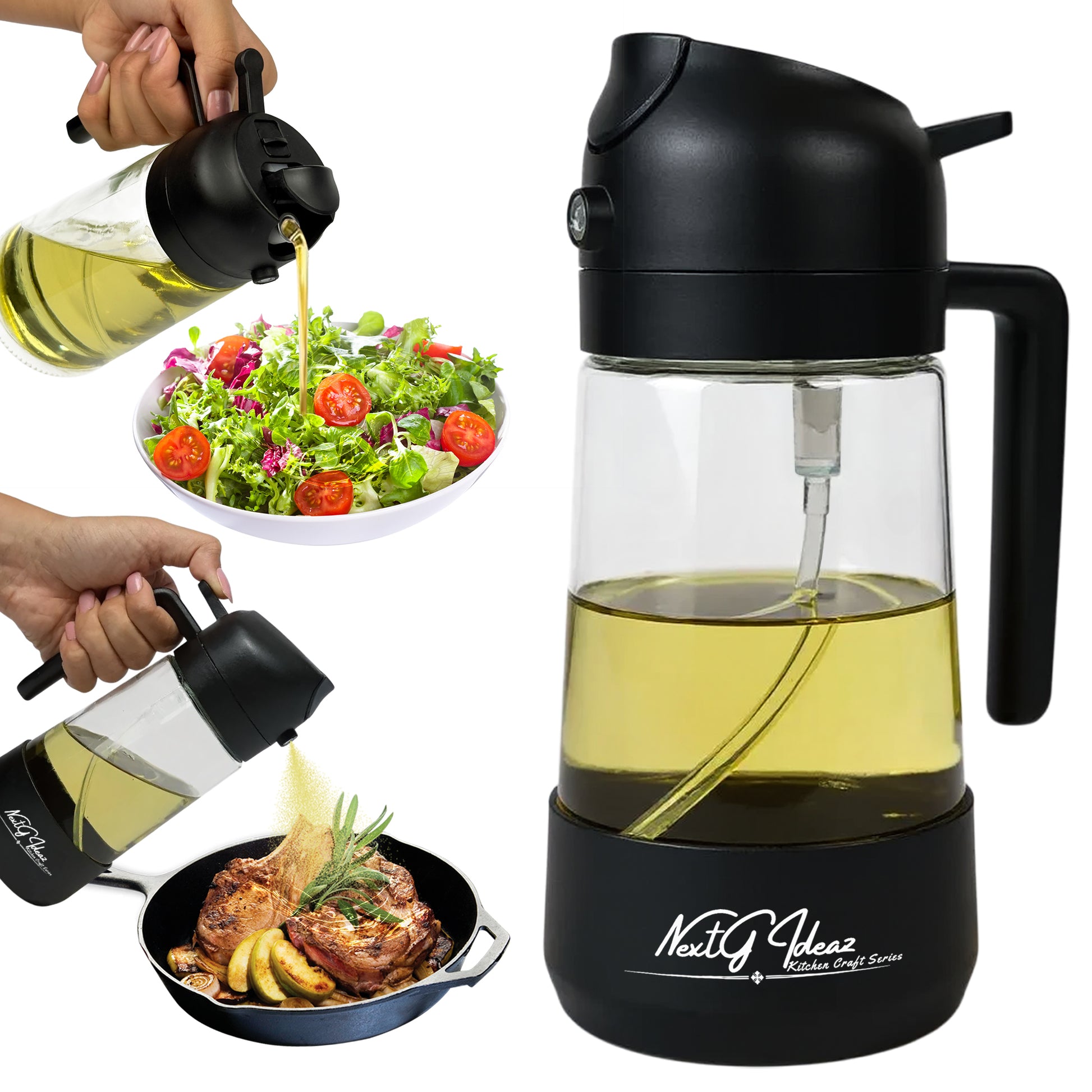 Glass oil dispenser with black cap being used to drizzle oil over a salad and cooked dish, with 'Next Level' branding.