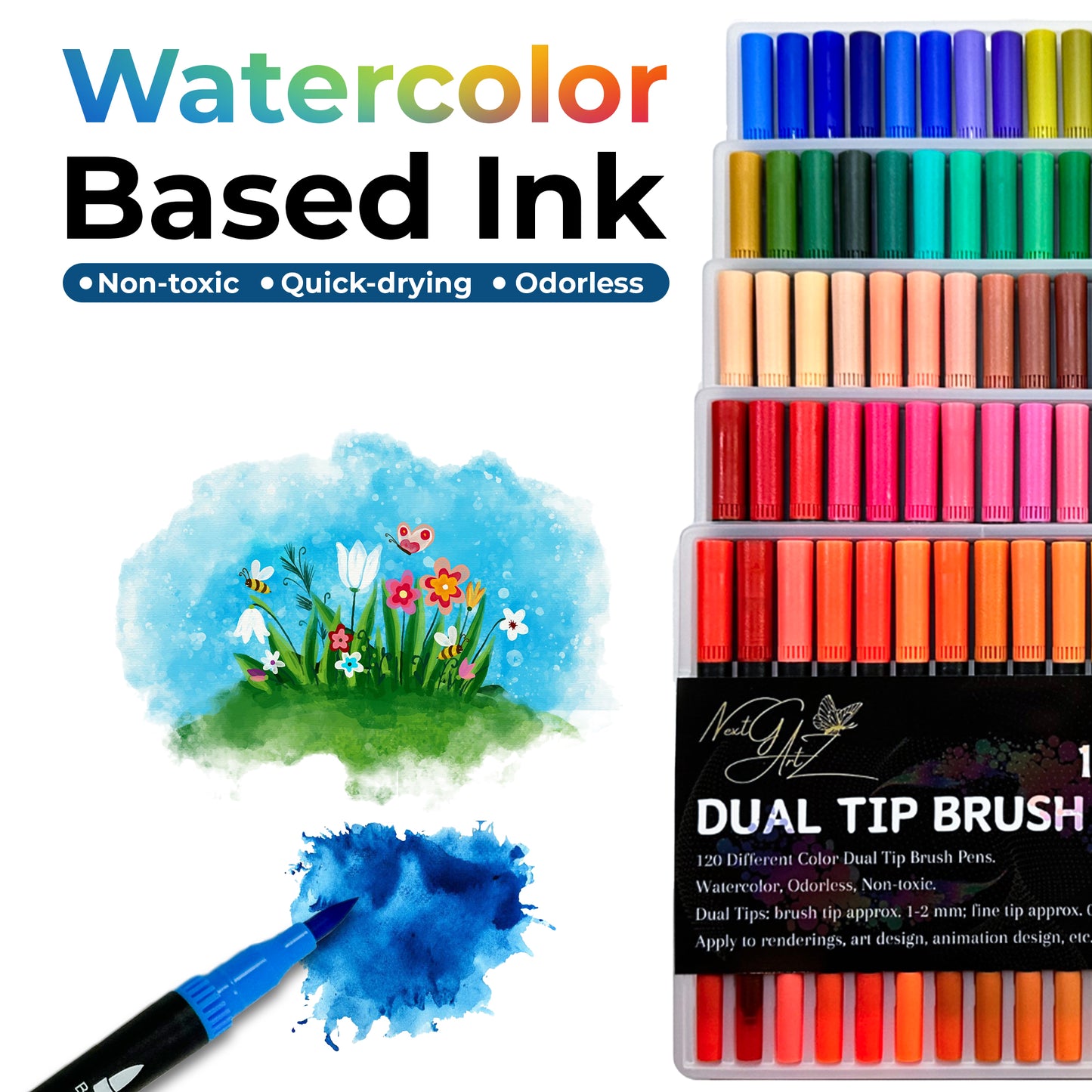 NextG Artz Dual Tip Brush Pens Art Markers, 120 Unique Bright Color