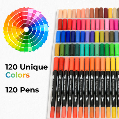 NextG Artz Dual Tip Brush Pens Art Markers, 120 Unique Bright Color